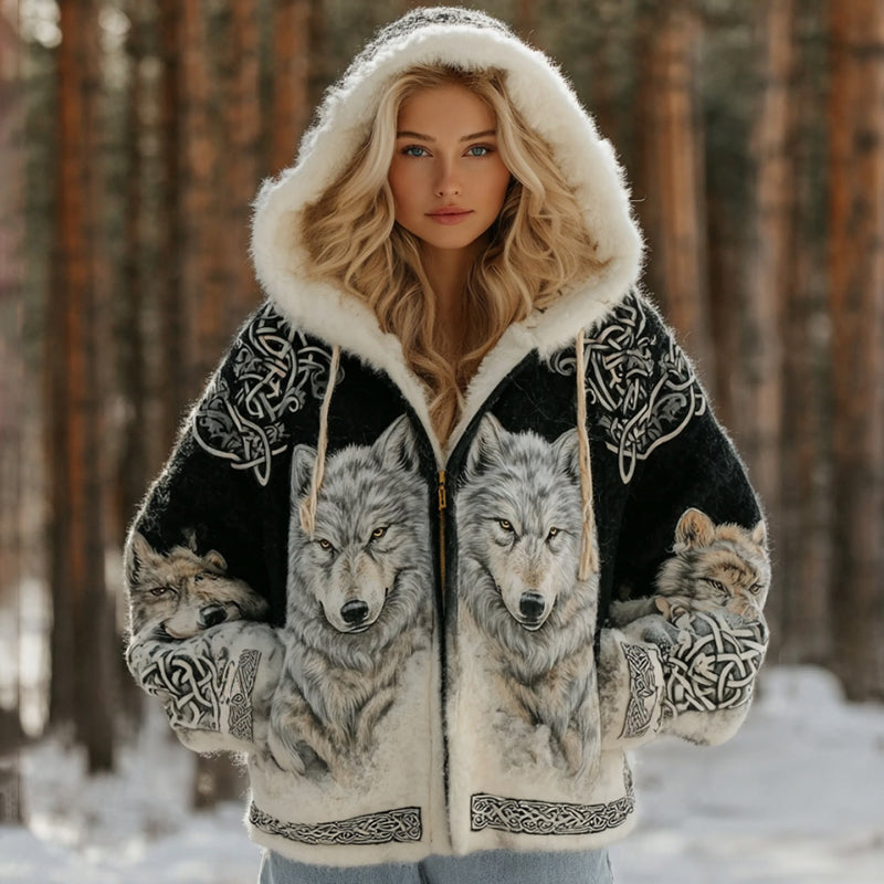 Women's Vintage Viking Wolf Celtic Art Cozy Flannel Hooded Jacket