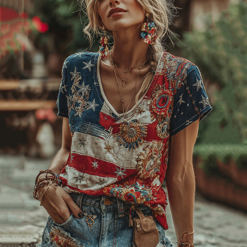 Women's Independence Day Pattern Art Casual T-shirt