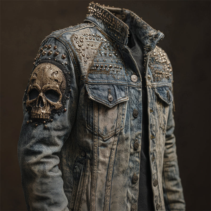 Men's Vintage Rock Skull Studded Washed Denim Jacket