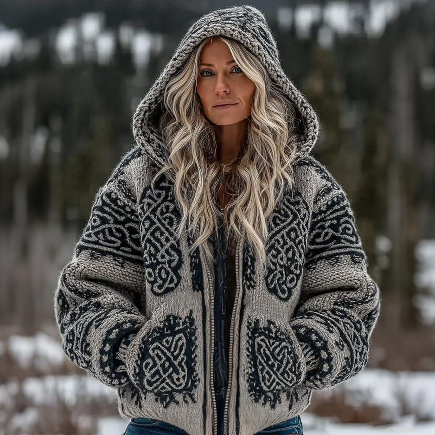 Women's Vintage Viking Celtic Knot Art Knit Zip-up Hooded Sweater