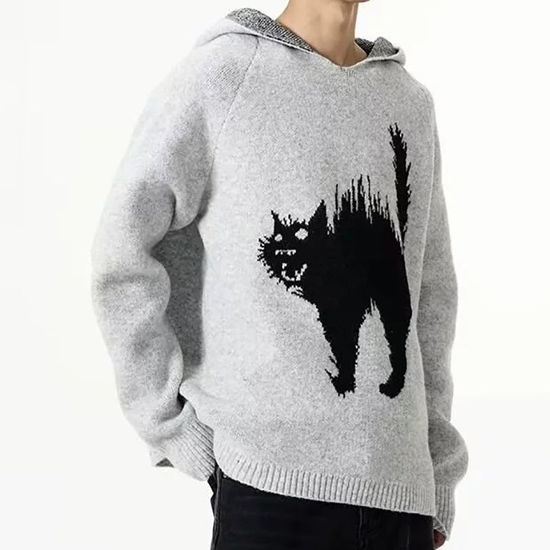 Unisex Scaring Black Cat Jacquard Art Knit Cozy Unisex Hooded Sweater