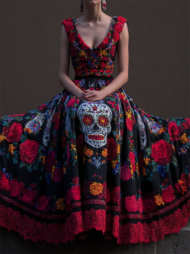 Day Of The Dead Sugar Skulls Floral Embroidered Linen Maxi Dress