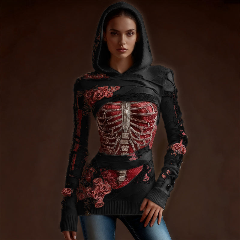 Classy Skeleton Anatomy Bloody Roses Bandages Hooded Sweater