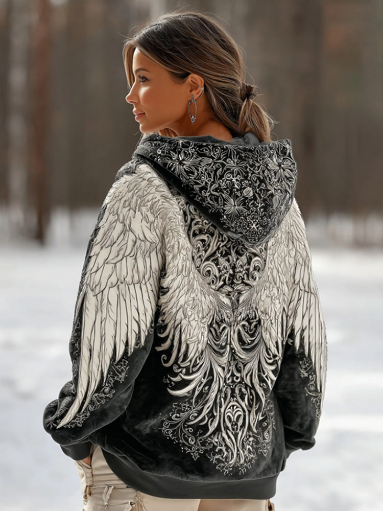Women's Viking Wing Pattern Art Cozy Flannel Hooded