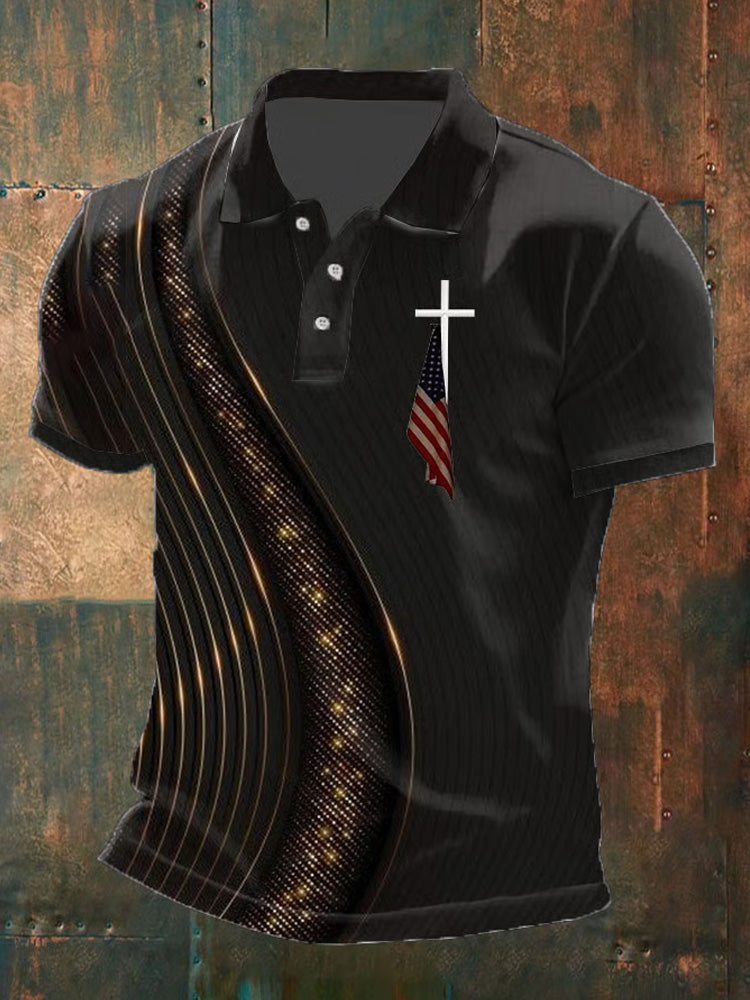 Men's Independence Day American Flag Cross Print Polo Shirt