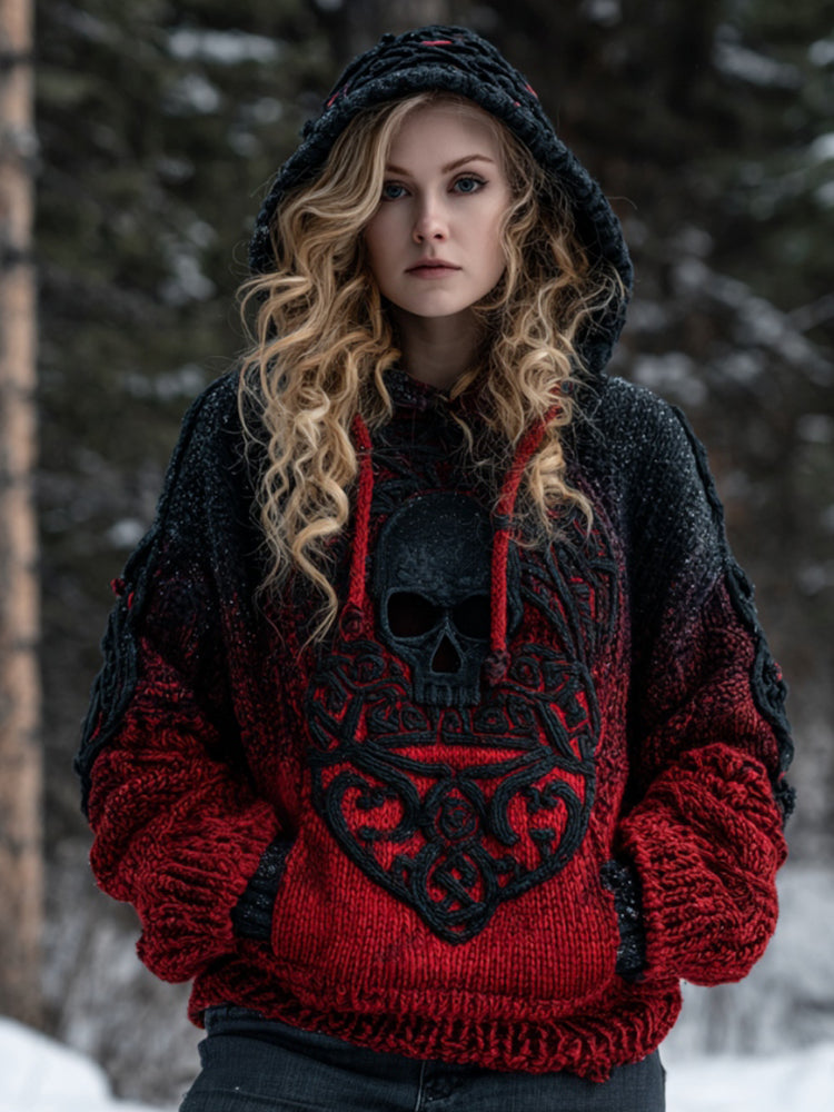 Women's Vintage Viking Tribal Celtic Skull Art Chunky Knit Hooded Sweater