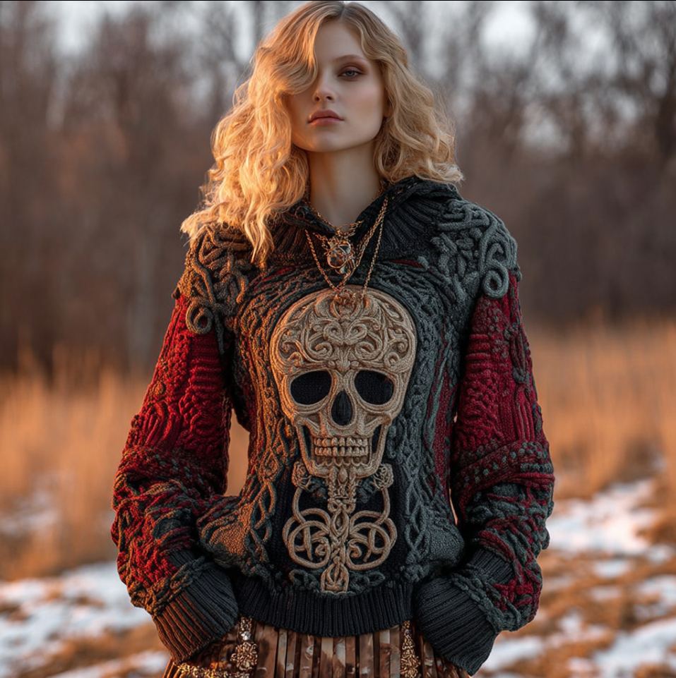 A Woman's Hooded Sweater In Red And Black With Halloween Rose And Skull Elements.