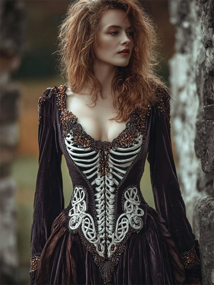 Vintage Skeleton Inspired Beaded Trim Velvet Maxi Dress