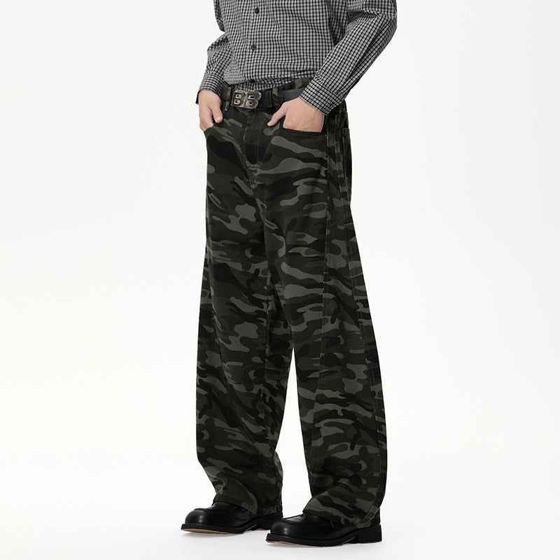 Vintage Washed Green Camouflage Loose-fitting Baggy Jeans