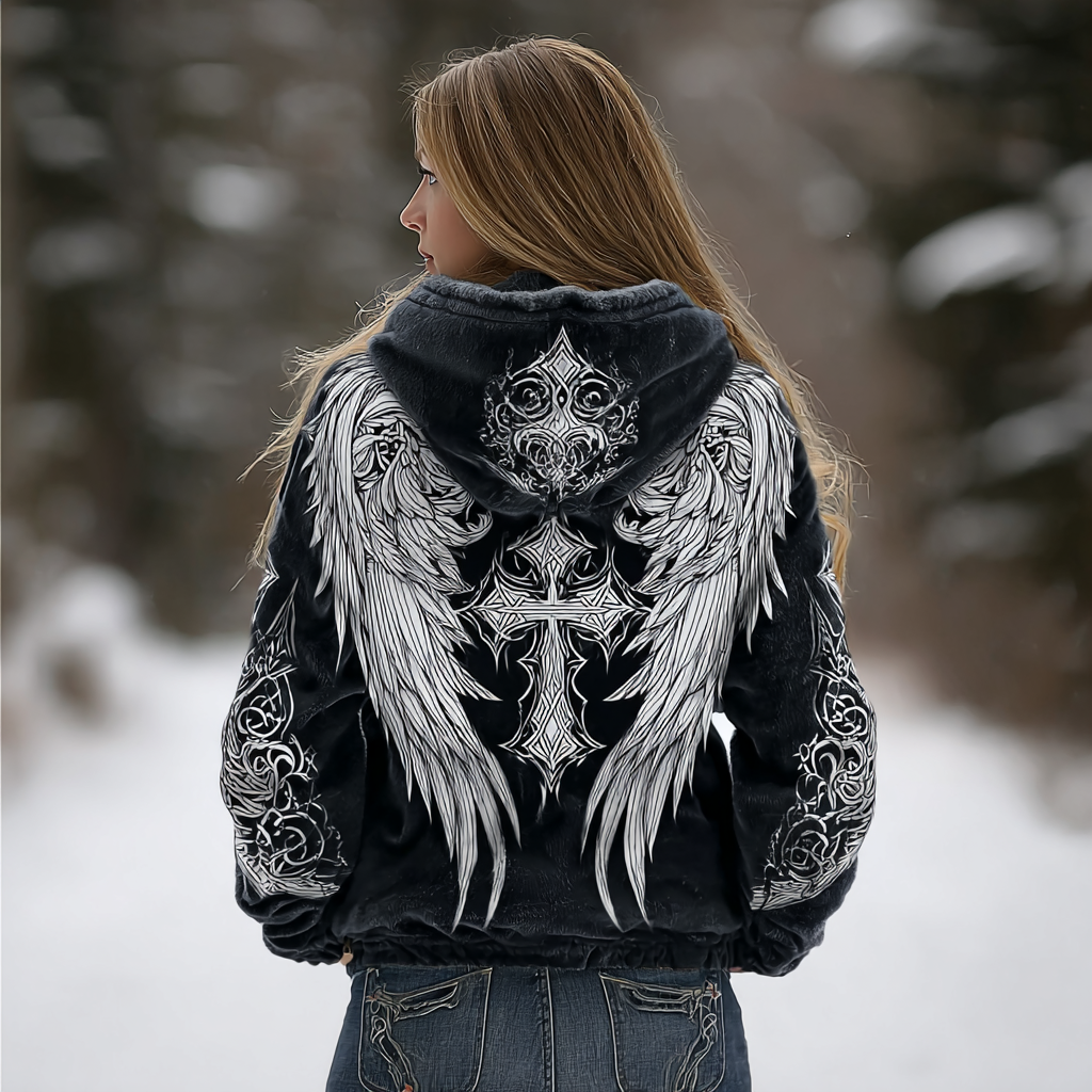 Vintage Viking Angel Wings Hooded Flannel Sweatshirt