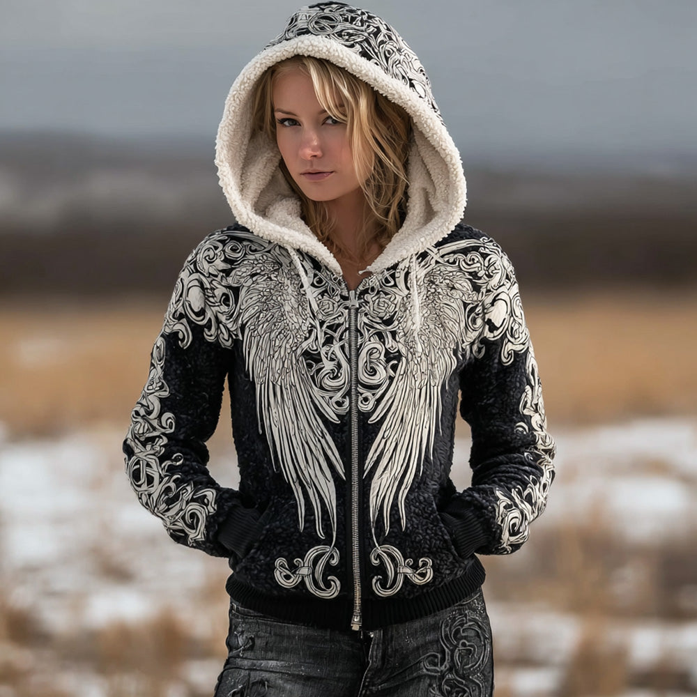 Women's Retro Casual Viking Wings Print Hooded Cardigan