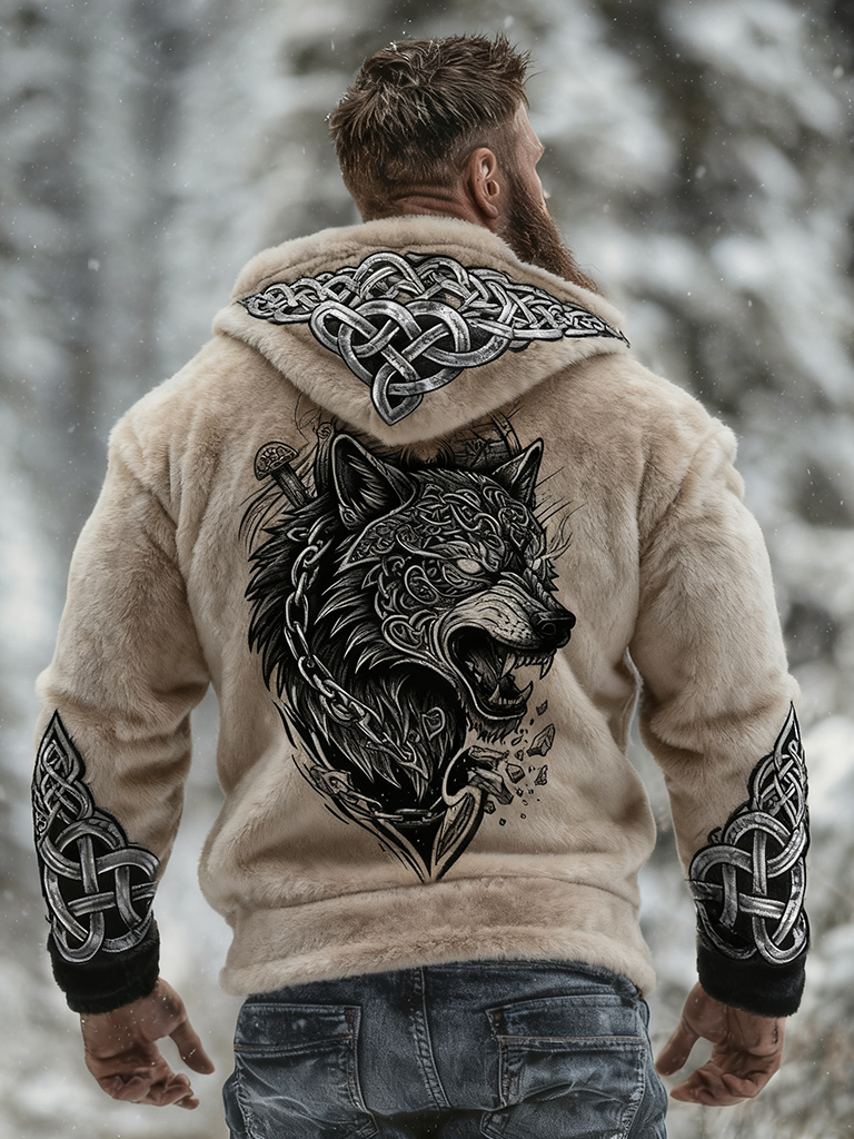 Men's Viking Tribal Jacquard Celtic With Wolf Art Flannel Warm Zipped Hooded Jacket