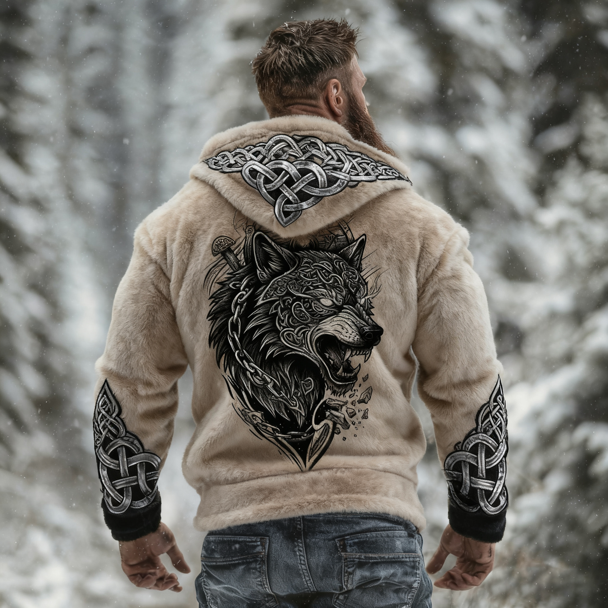 Men's Viking Tribal Jacquard Celtic With Wolf Art Flannel Warm Zipped Hooded Jacket