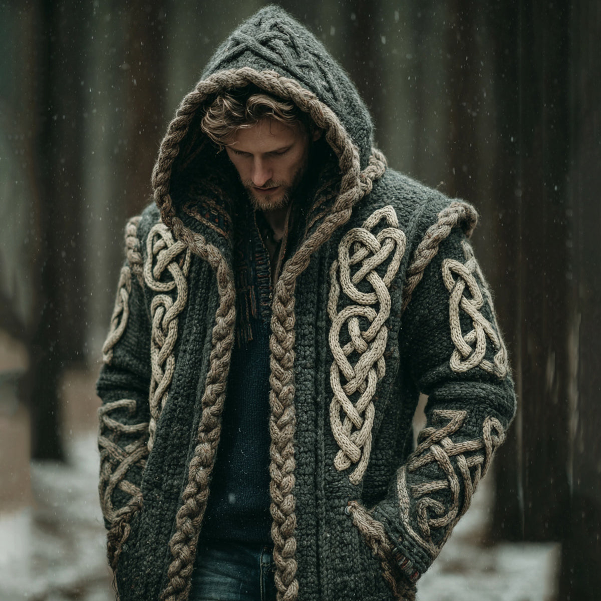 Men's Viking Intricate Celtic Knot Pocket Mid-length Cardigan Sweater