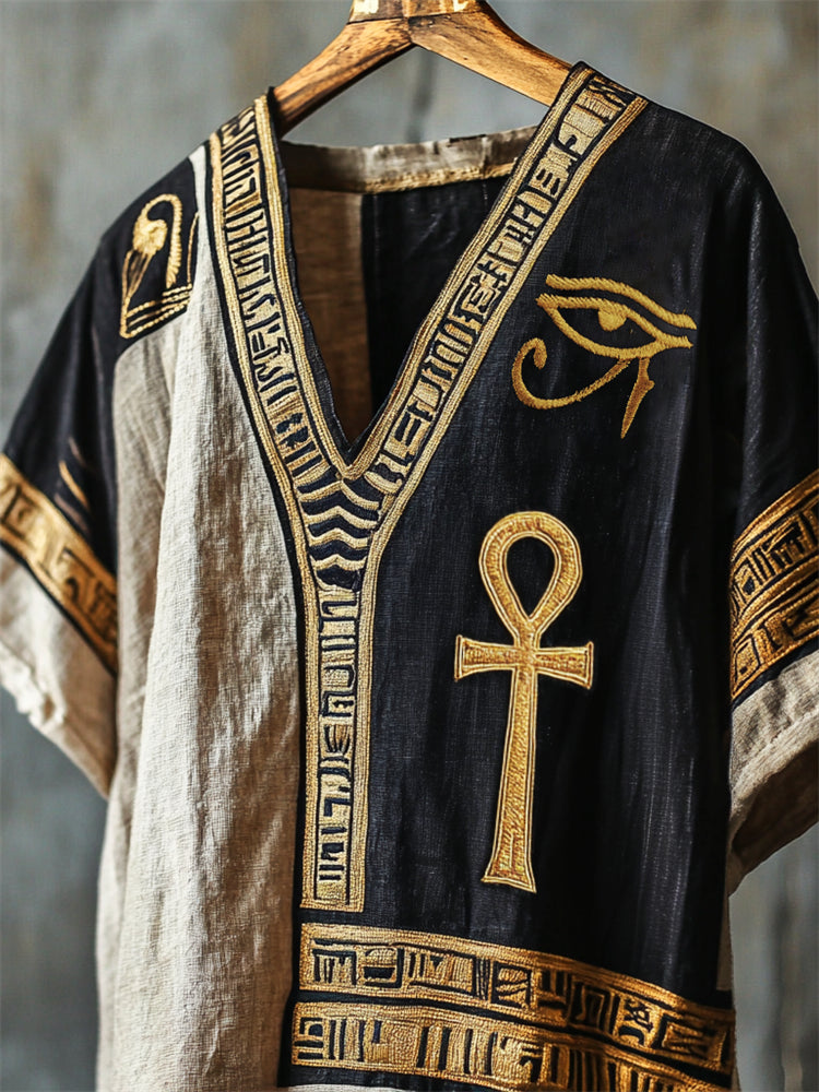 Ankh & Eye Of Horus Ancient Egyptian Embroidered Contrast Linen Shirt