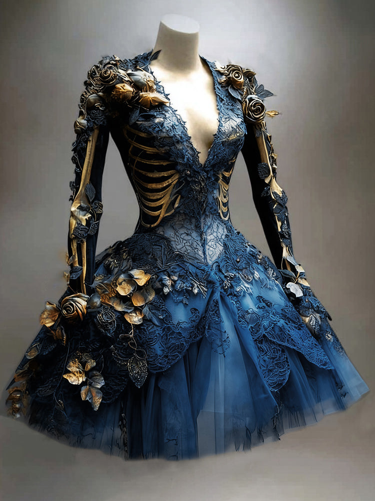 Women's Gothic Skull And Branches Pattern Witch Midi Dress