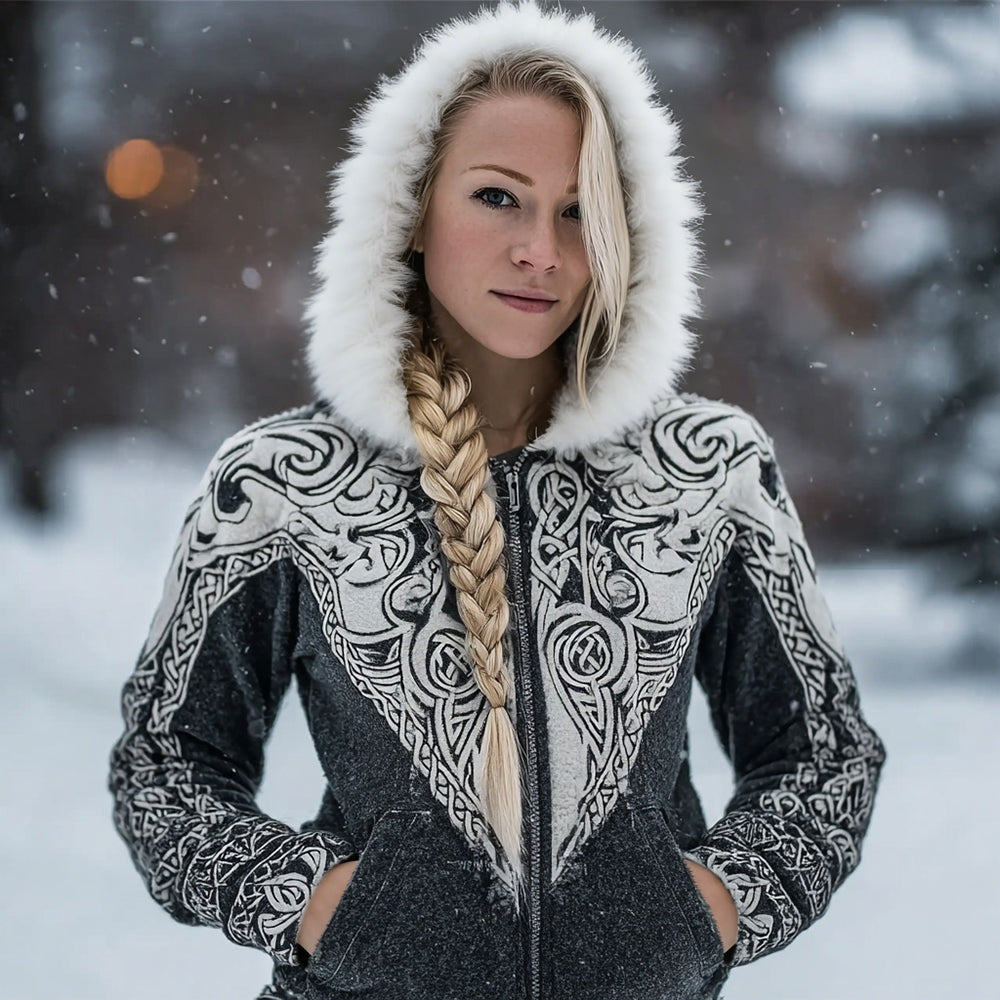 Vintage Celtic Knot Embroidered Fur Trim Full Zip Cozy Hoodie