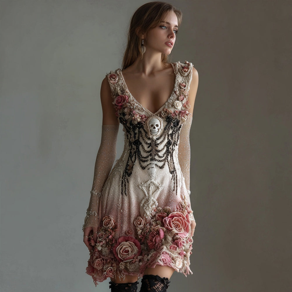 Vintage Skull Roses Glitter Gradient V Neck Mini Dress