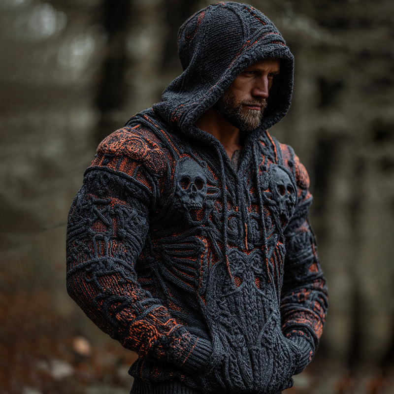 Men's Vintage Skull Art Casual Knit Hooded Sweater