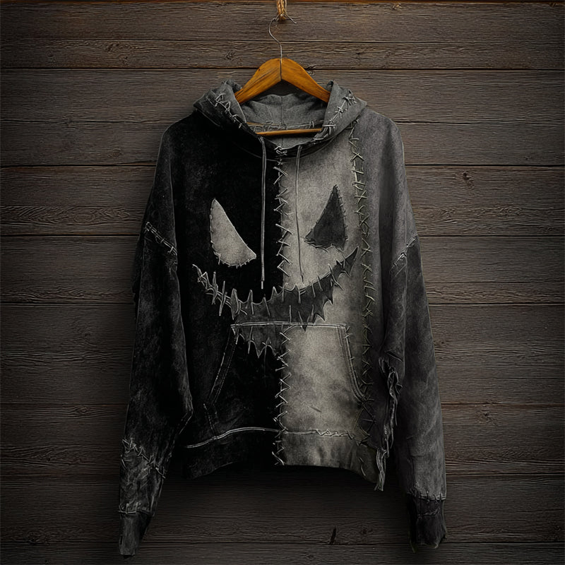 Halloween Spooky Face Contrast Colorblock Patchwork Hoodie