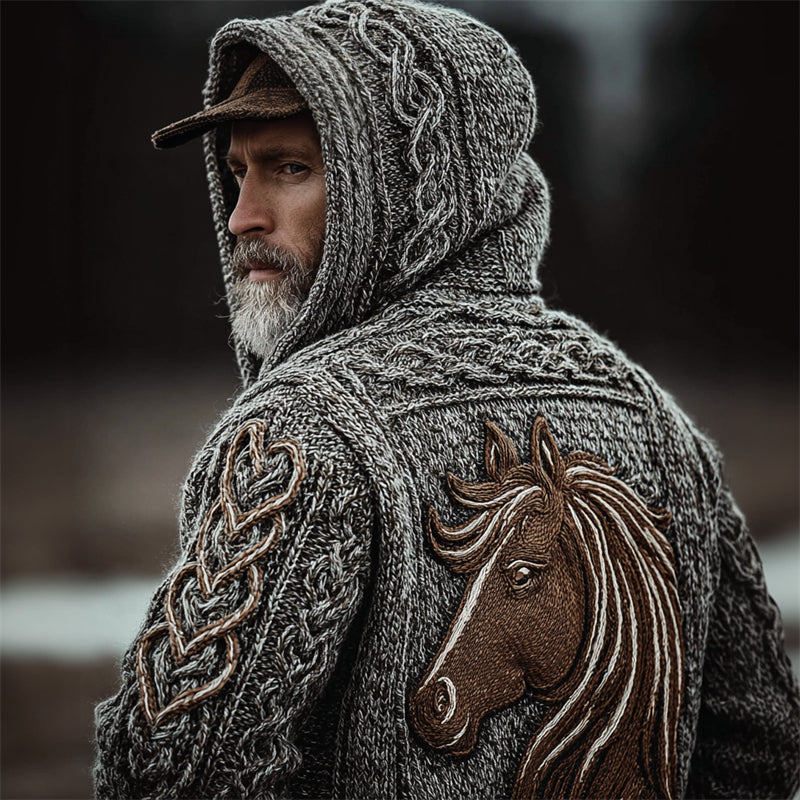 Men's Vintage Horse Crochet Celtic Cozy Knit Hooded Sweater