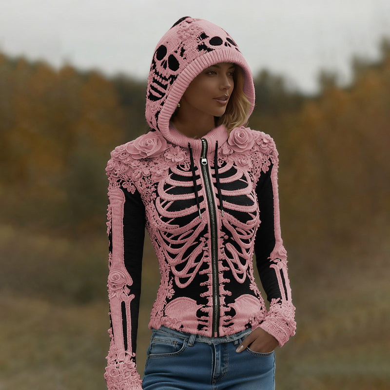 Women's Halloween Skeleton Bones With Roses Art Knitted Warm Zipper Hooded Sweater