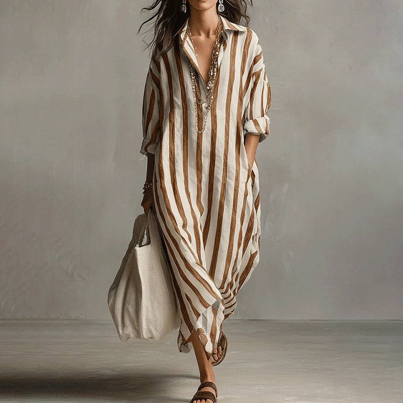 Women's Casual Striped Cotton Linen Maxi Shirt Dress