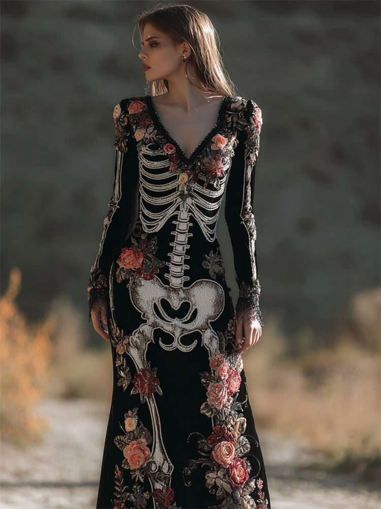 Vintage Skeleton Floral Glitter Beaded Cozy Velvet Maxi Dress