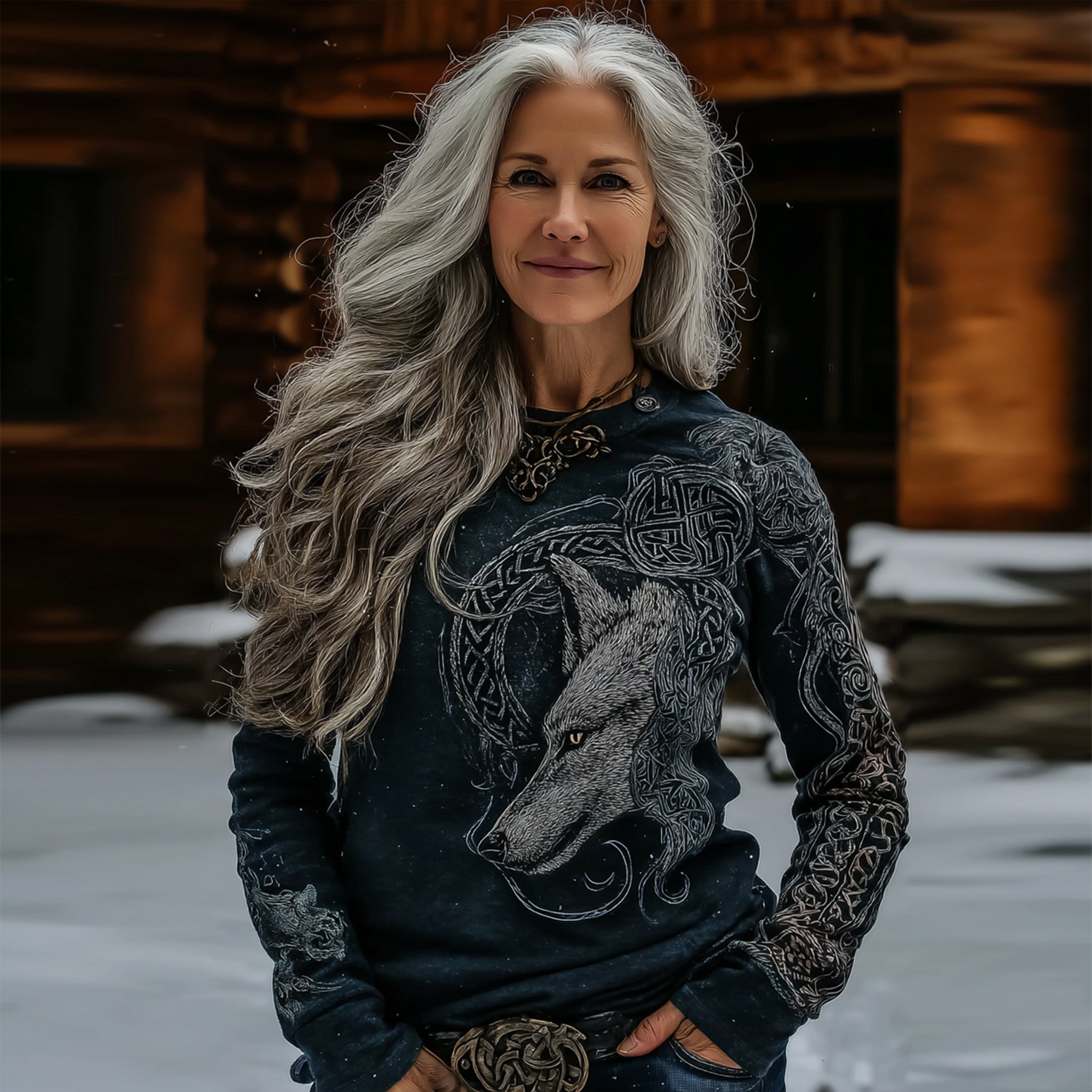 Women's Retro Viking Celtic Wolf And Rune Print Crew Neck T-shirt