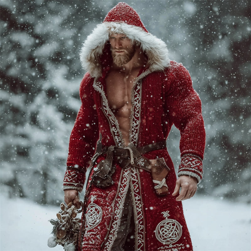 Men's Christmas Viking Santa Claus Celtic Knot Fur Trim Hooded Long Cardigan