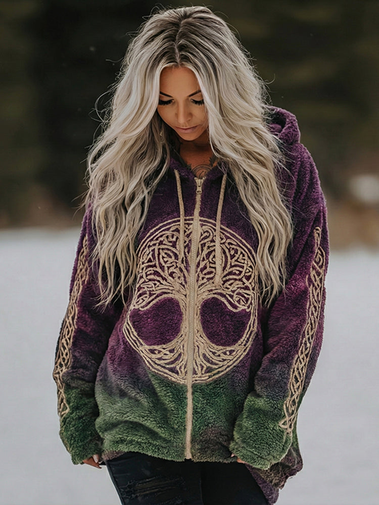 Women's Vintage Viking Celtic Knot Tree Of Life Style Plush Zip-up Hoodie