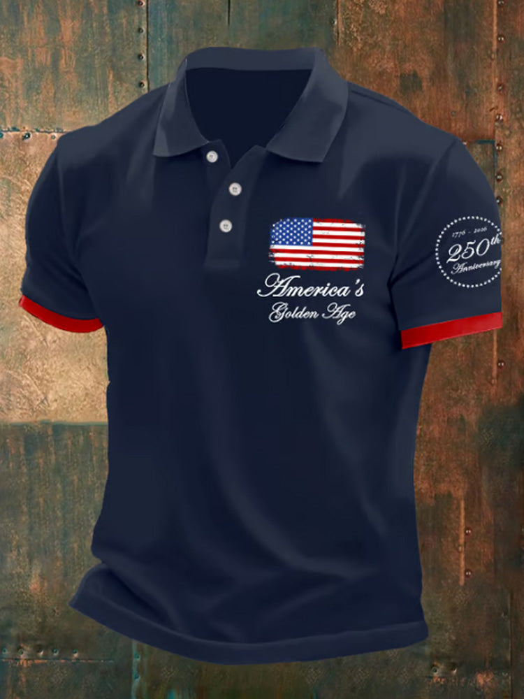 Man's Vintage Independence Day America's Golden Age 1776-2026 250th Anniversary Printed Polo Shirt