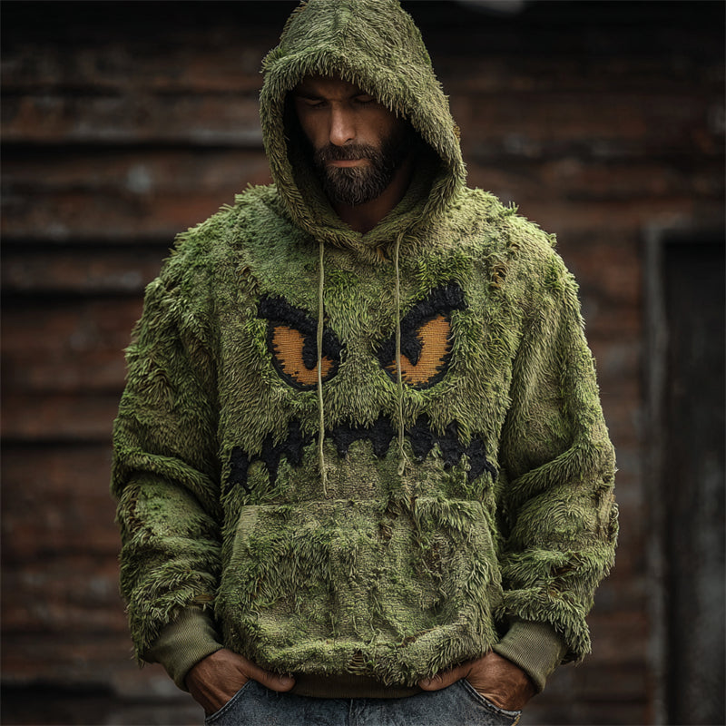 Men's Halloween Monster Face Embroidered Cozy Plush Hoodie