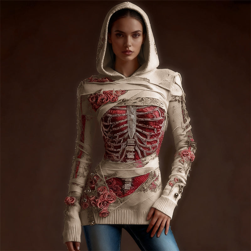 Classy Skeleton Anatomy Bloody Roses Bandages Hooded Sweater