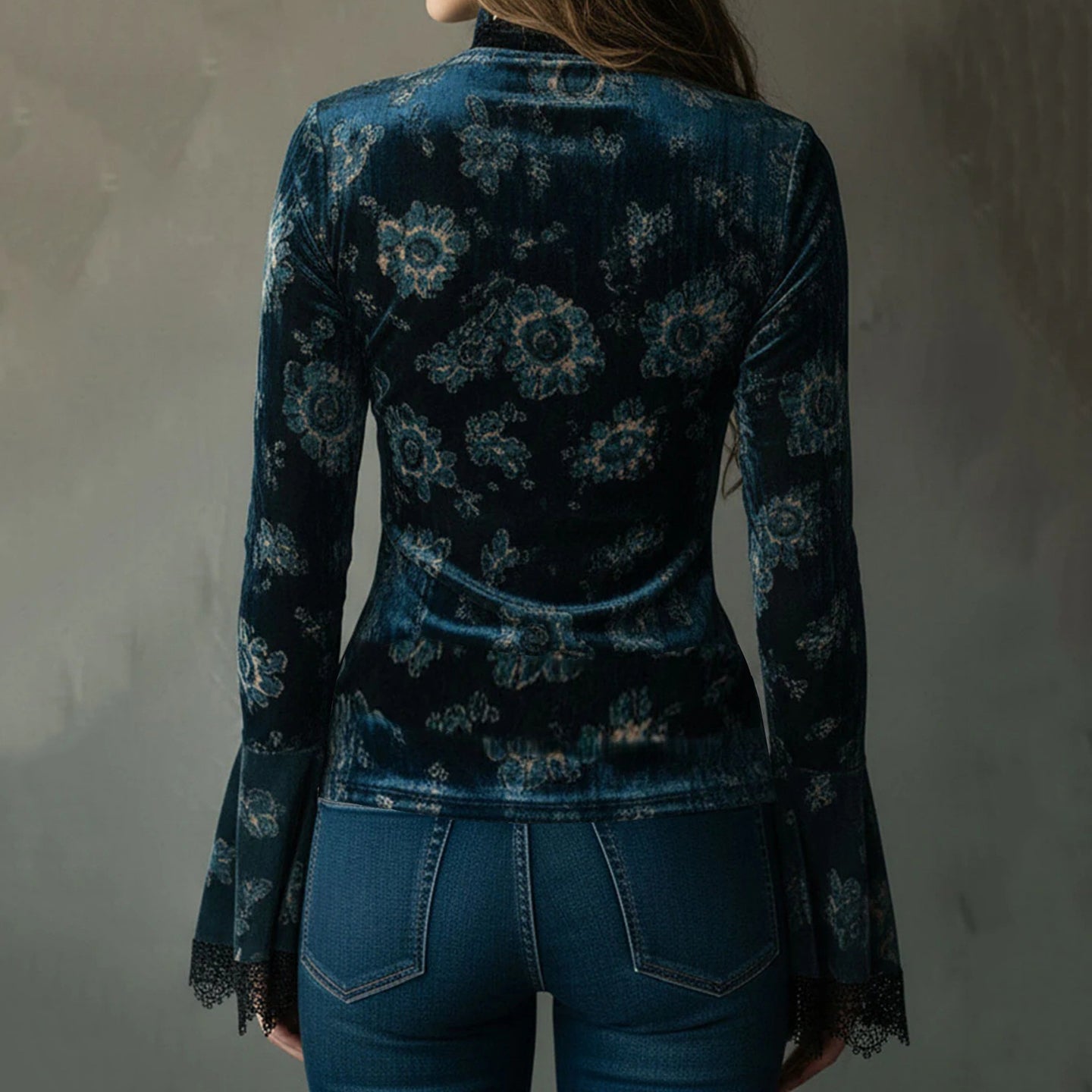 Women's Elegant Lace-trimmed Velvet V-neck Top