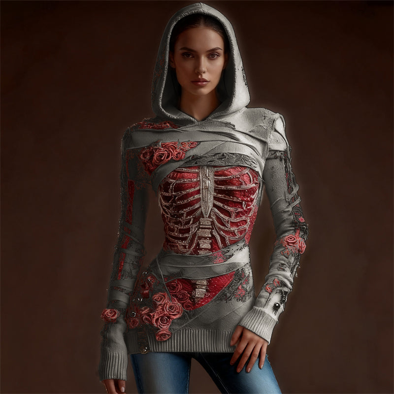 Classy Skeleton Anatomy Bloody Roses Bandages Hooded Sweater