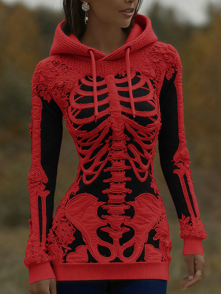 Women's Halloween Skeleton Bones With Roses Art Knitted Warm Hooded Sweater
