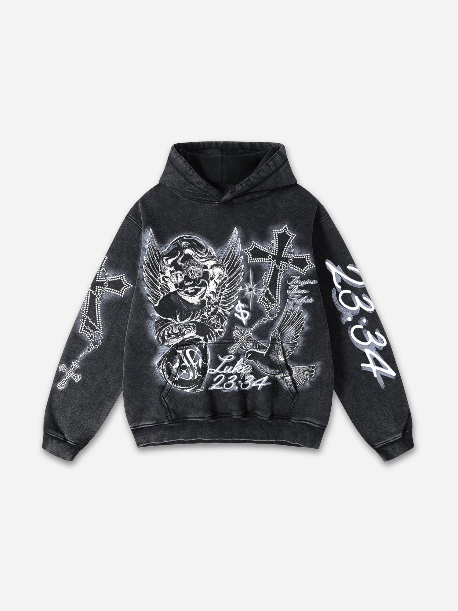 Angel Cross Graffiti Street Graphic Acid Wash Oversized Hoodie