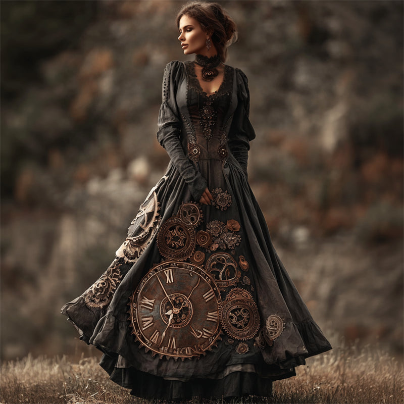Vintage Steampunk Clock & Gear Linen Maxi Dress
