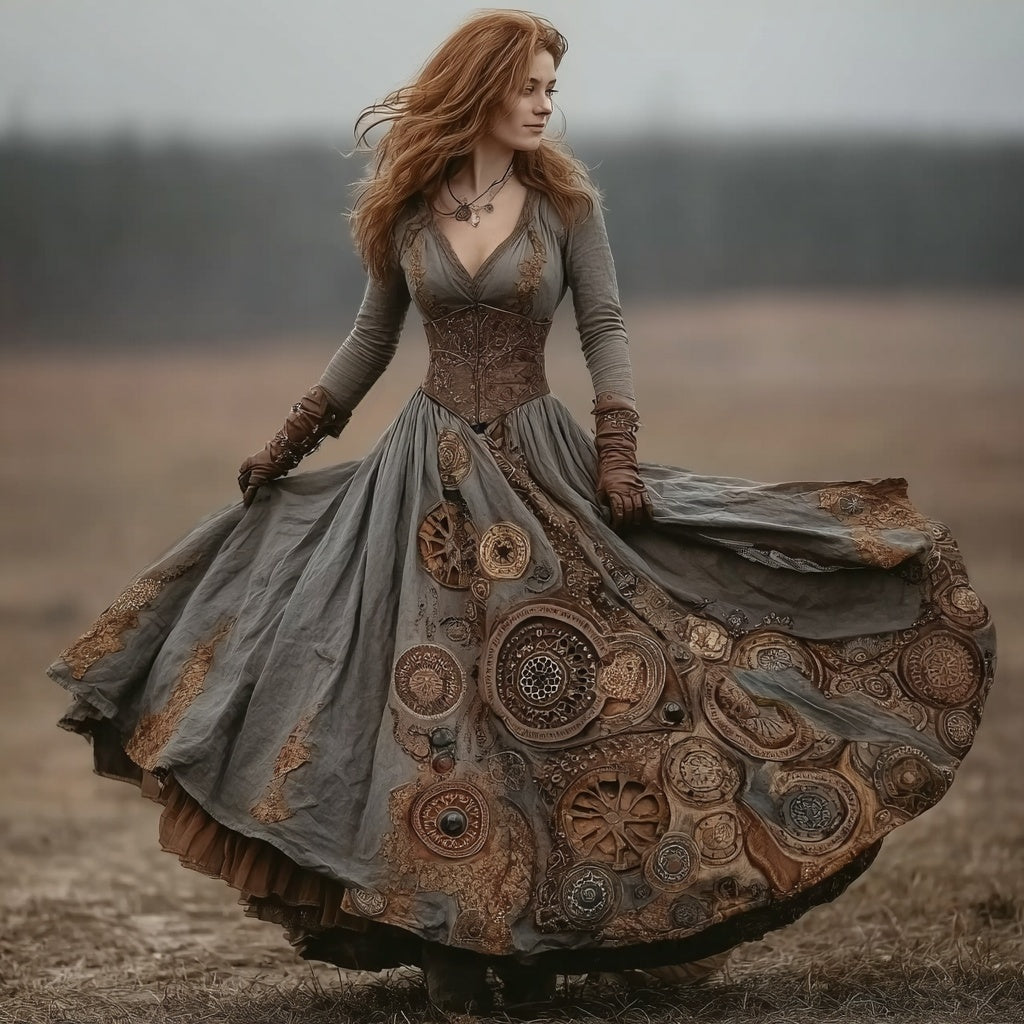 Retro Steampunk Clock & Gear Inspired Flowy Linen Maxi Dress