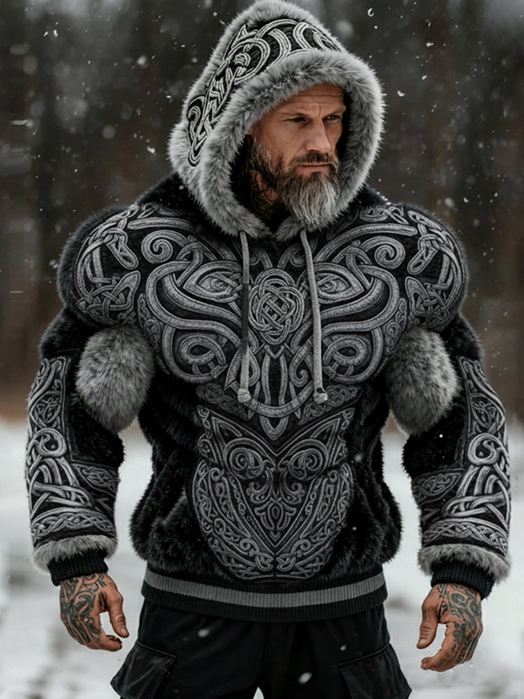 Men's Viking Tribal Jacquard Muscle Line Inspired Art Plush Warm Hoodie
