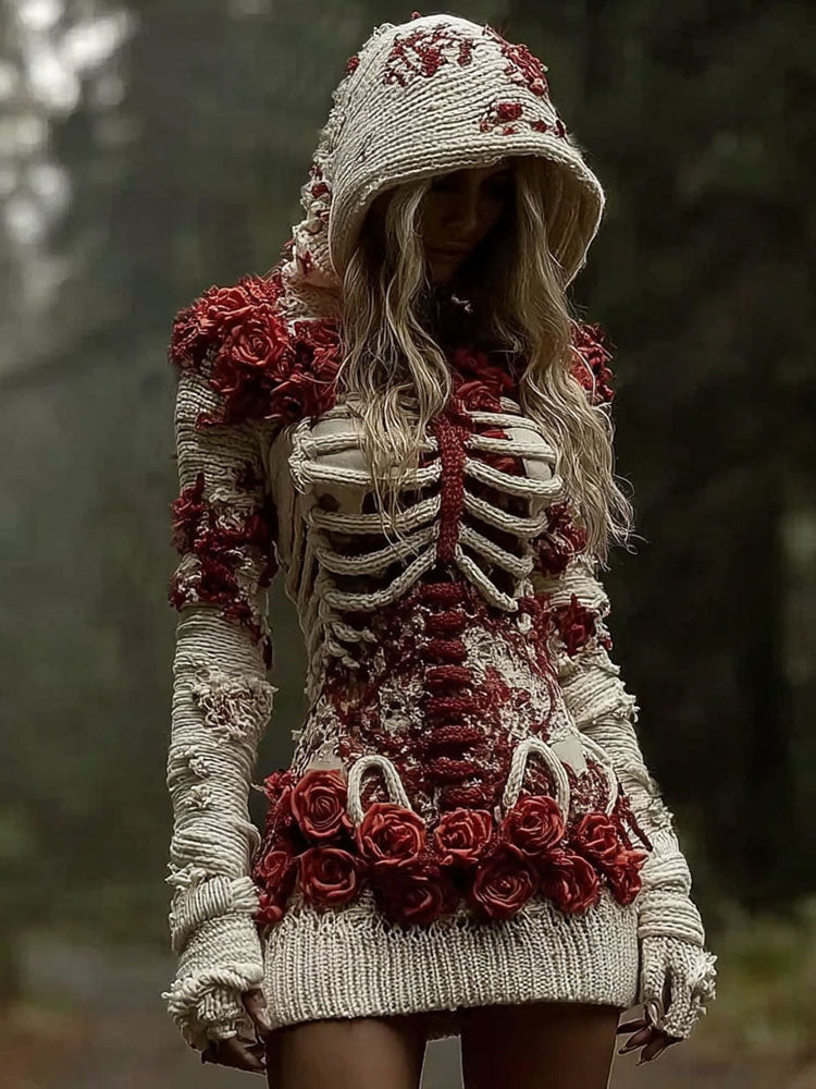Women's Vintage Skeleton Red Rose Art Knit Mini Sweater Dress