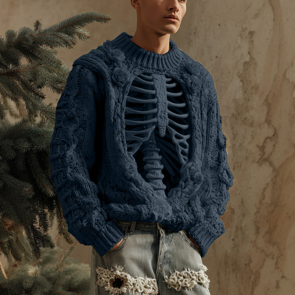 Men's Halloween Retro Anatomy Art Coarse Needle Round Neck Sweater