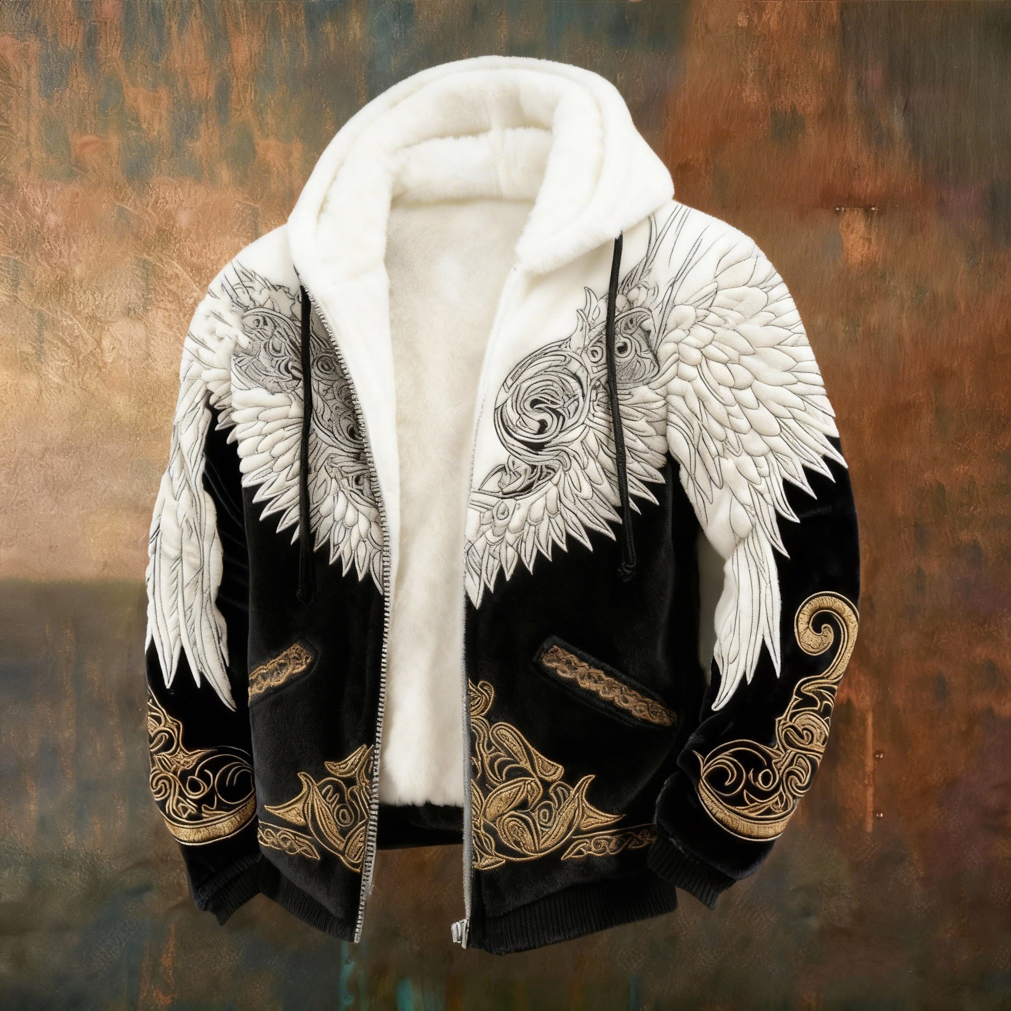 Men's Retro Celtic Knot Wings Color Block Pattern Plush Zip-up Jacket