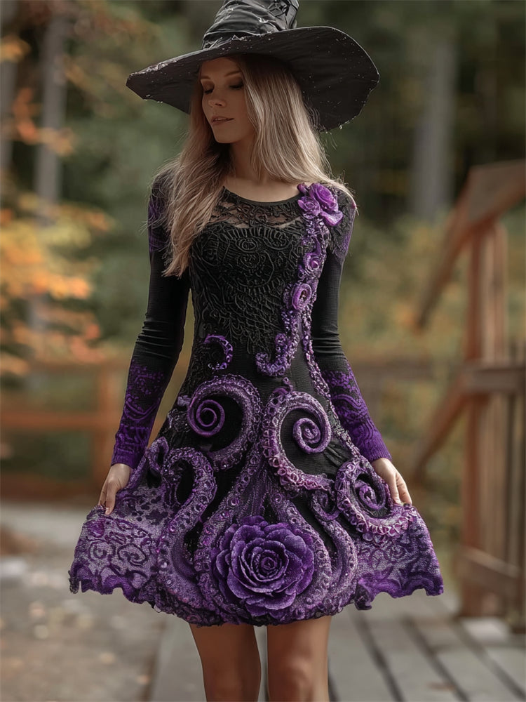 Halloween Evil Dark Tentacles Glitter Rose Lace Flowy Mini Dress