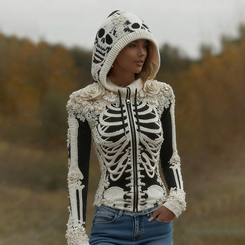 Women's Halloween Skeleton Bones With Roses Art Knitted Warm Zipper Hooded Sweater