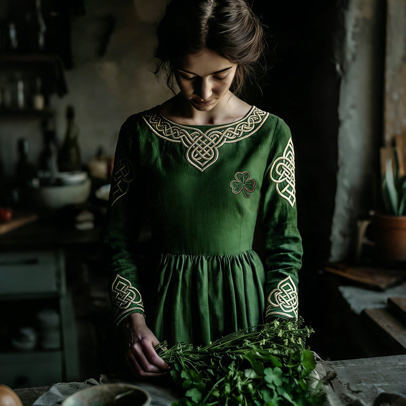 Women's St Patrick's Day Clover Celtic Art Cozy Mixed Cotton And Linen Dress