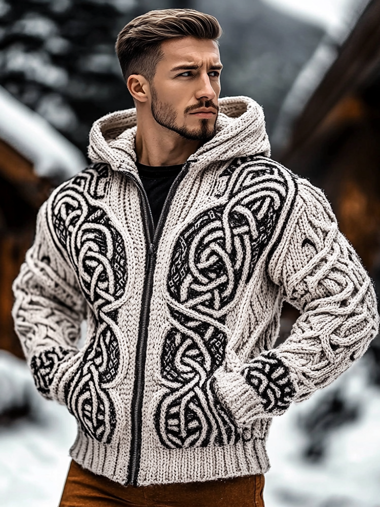 Men's Viking Tribal Jacquard Celtic Style Chunky Knit Hooded Cardigan Sweater