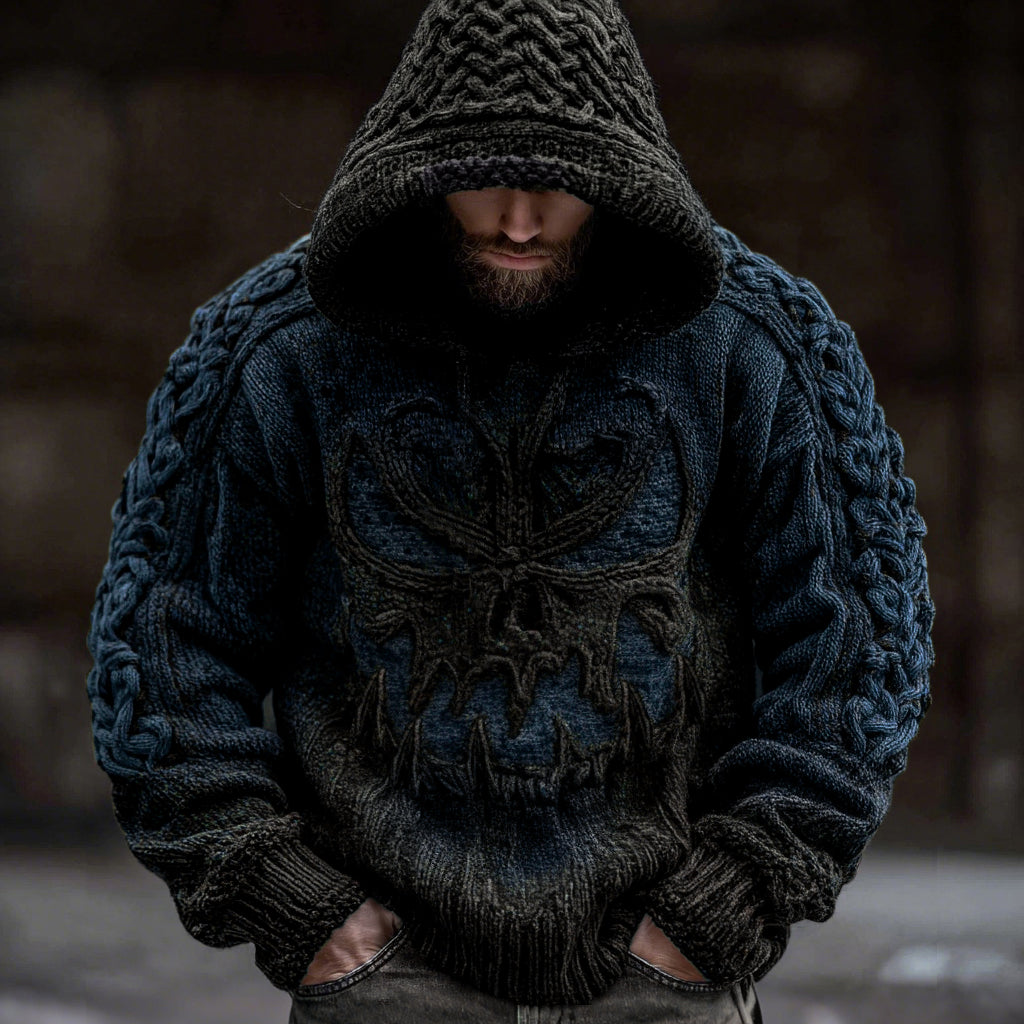 Men's Viking Devil Face Celtic Knot Jacquard Knit Hooded Sweater