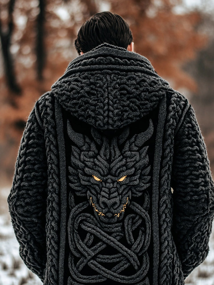 Men's Viking Inspired Celtic Dragon Chunky Sweater Cardigan